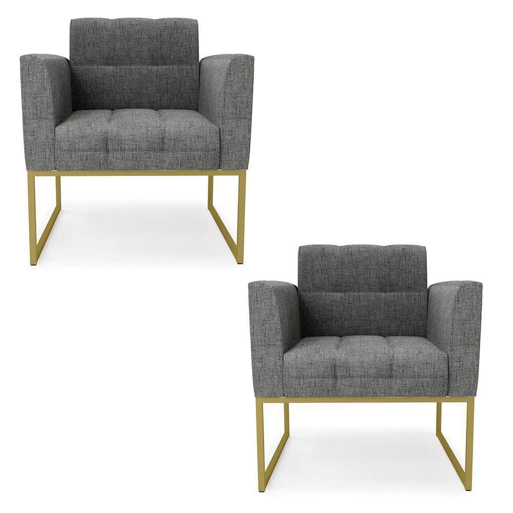 Kit 2 Poltronas Elisa Linho Base Metálica Industrial Dourada - D'rossi Cor A26 Grafite - 1