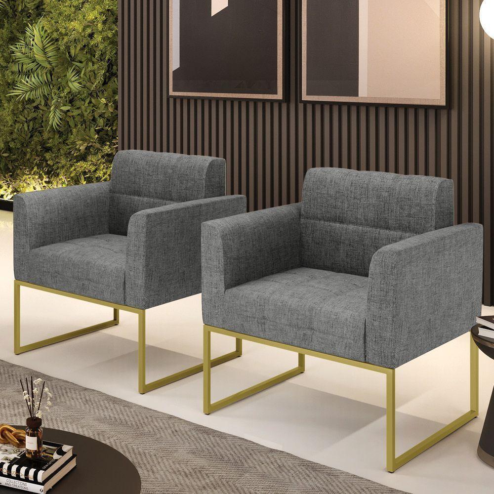 Kit 2 Poltronas Elisa Linho Base Metálica Industrial Dourada - D'rossi Cor A26 Grafite - 5