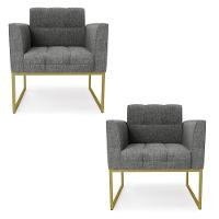 Kit 2 Poltronas Elisa Linho Base Metálica Industrial Dourada - D'rossi Cor A26 Grafite - 1