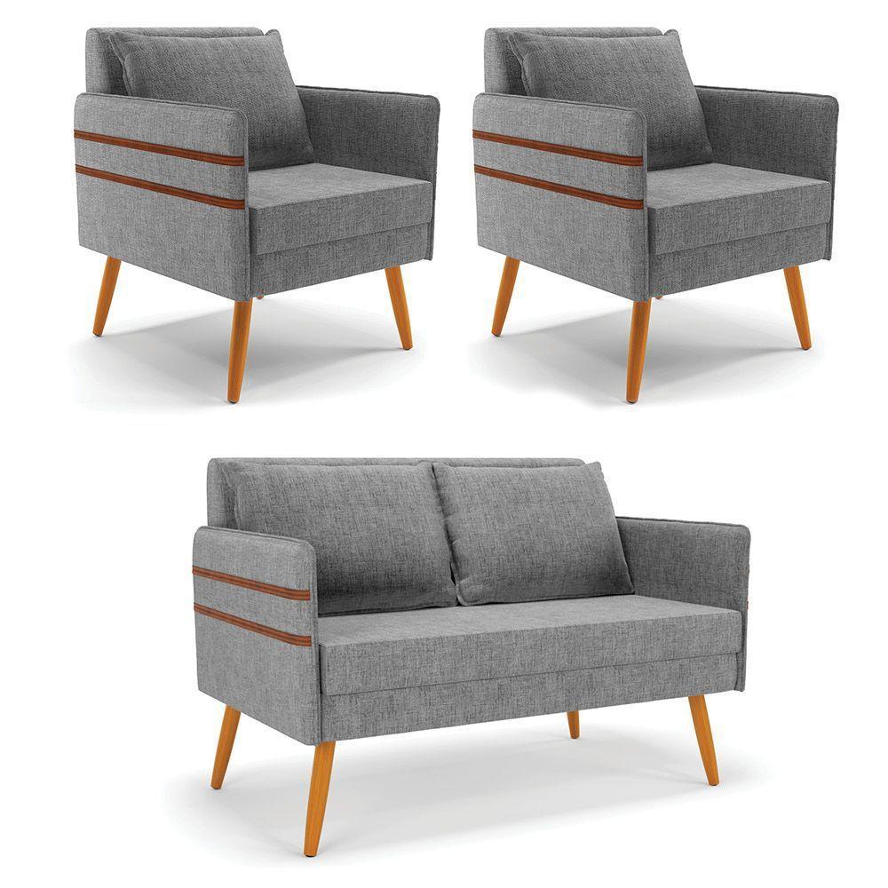 Kit 01 Namoradeira 02 Lugares E 02 Poltronas Mari Linho Grafite A26 Pés Palito Castanho - D'rossi - 1