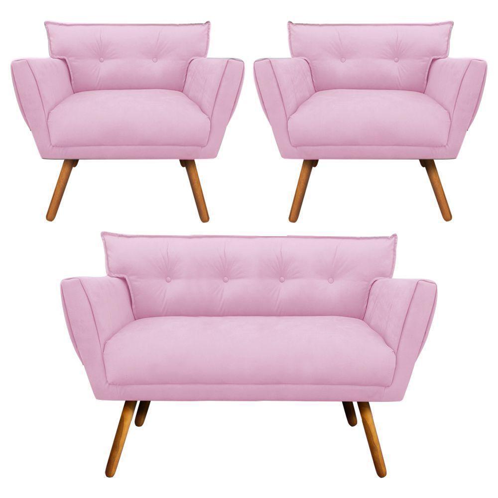 Kit 01 Namoradeira E 02 Poltronas Anitta Suede Pés Palito Castanho D'rossi Cor Rosa Bebê - 1