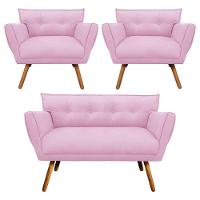 Kit 01 Namoradeira E 02 Poltronas Anitta Suede Pés Palito Castanho D'rossi Cor Rosa Bebê - 1