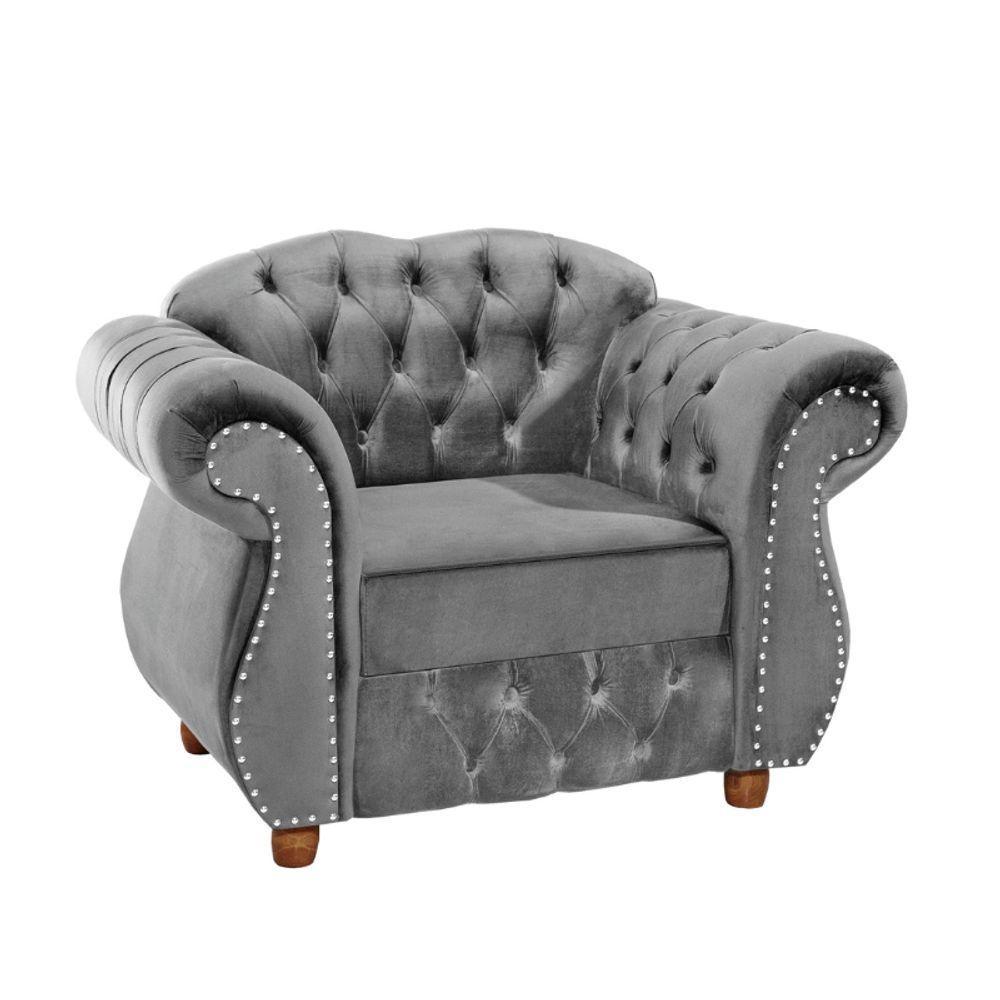 Poltrona Chesterfield Merlô Via Encanto Veludo Cinza Claro - 1