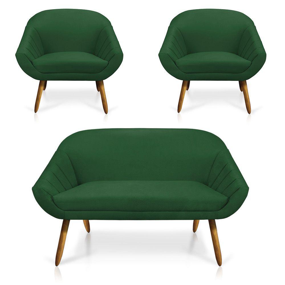Kit 01 Namoradeira 02 Lugares e 02 Poltronas Giovana Suede Verde Castanho - 7