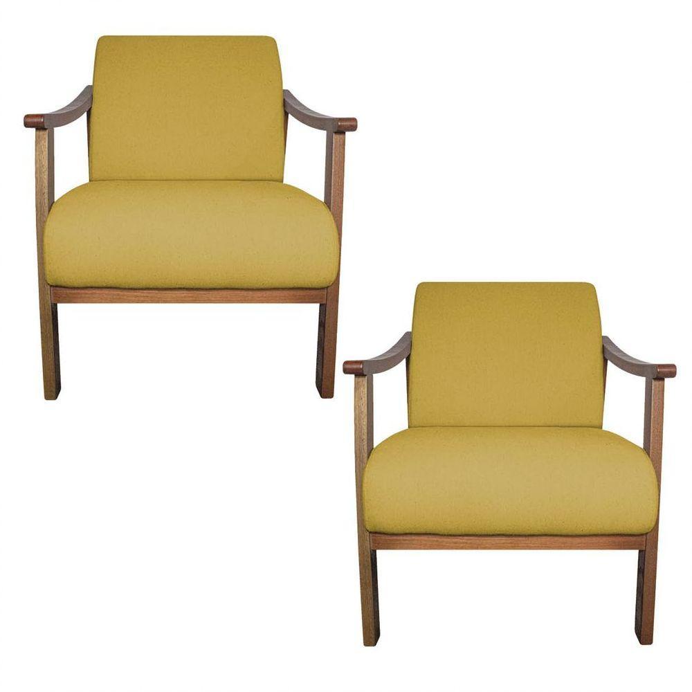 Kit 02 Poltrona Liz Base Madeira Suede Amarelo - 1