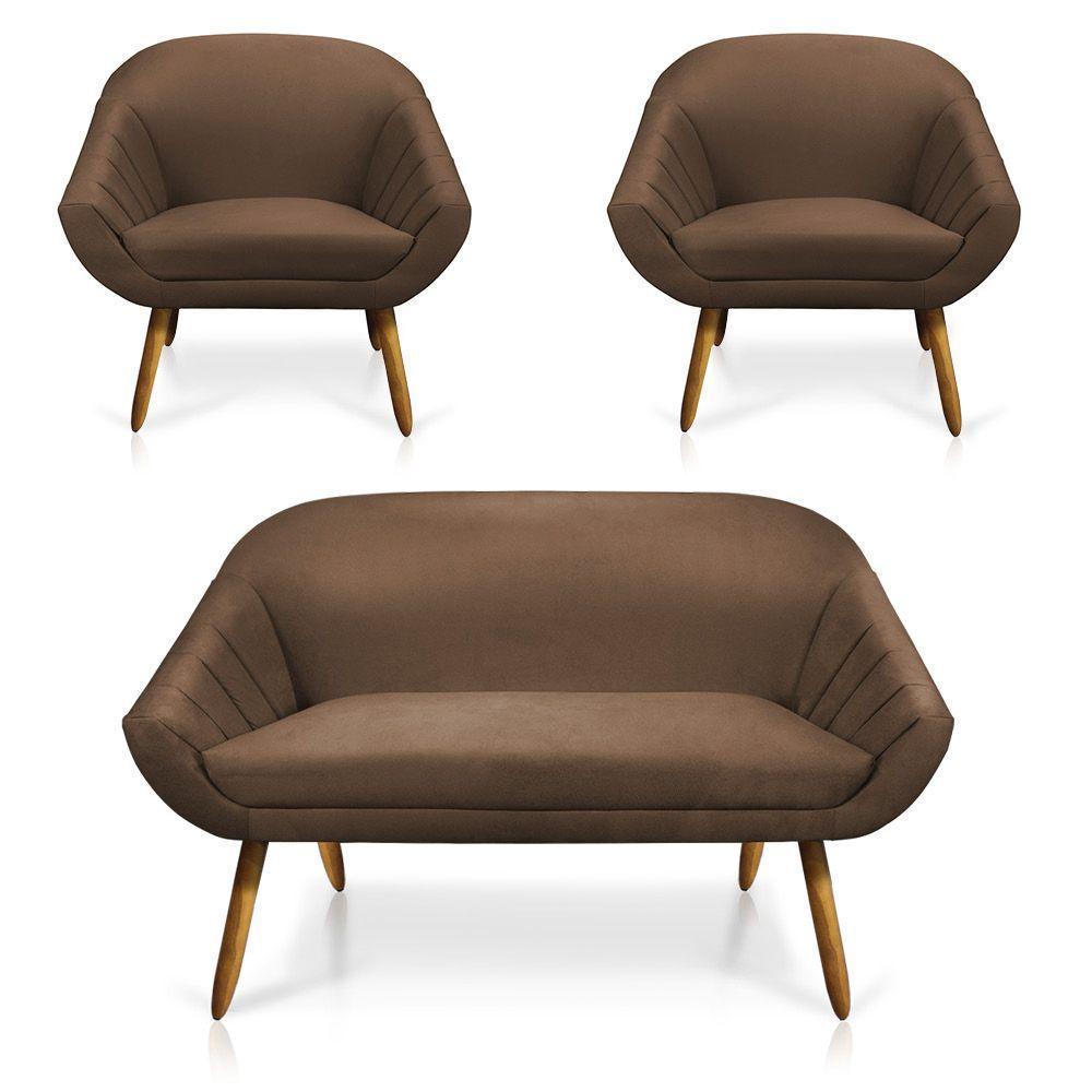 Kit 01 Namoradeira 02 Lugares e 02 Poltronas Giovana Suede Marrom Castanho - 1