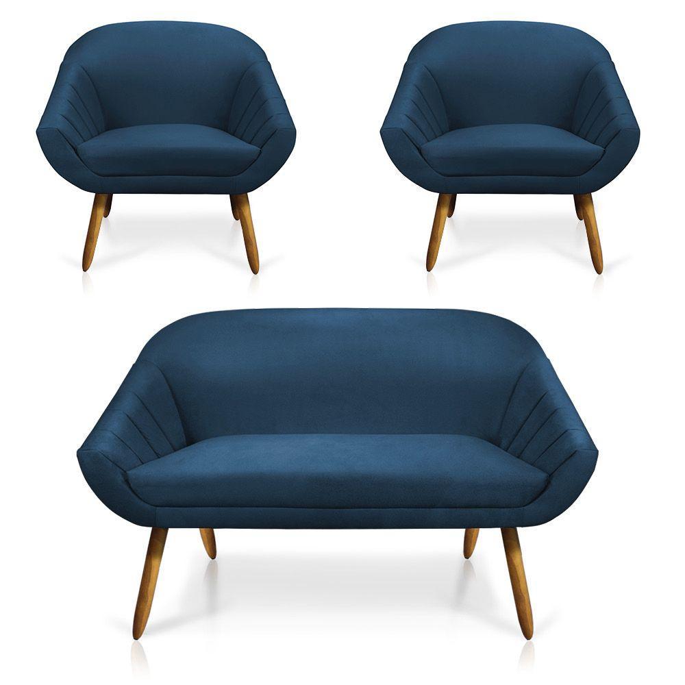 Kit 01 Namoradeira 02 Lugares e 02 Poltronas Giovana Suede Azul Marinho Castanho - 8