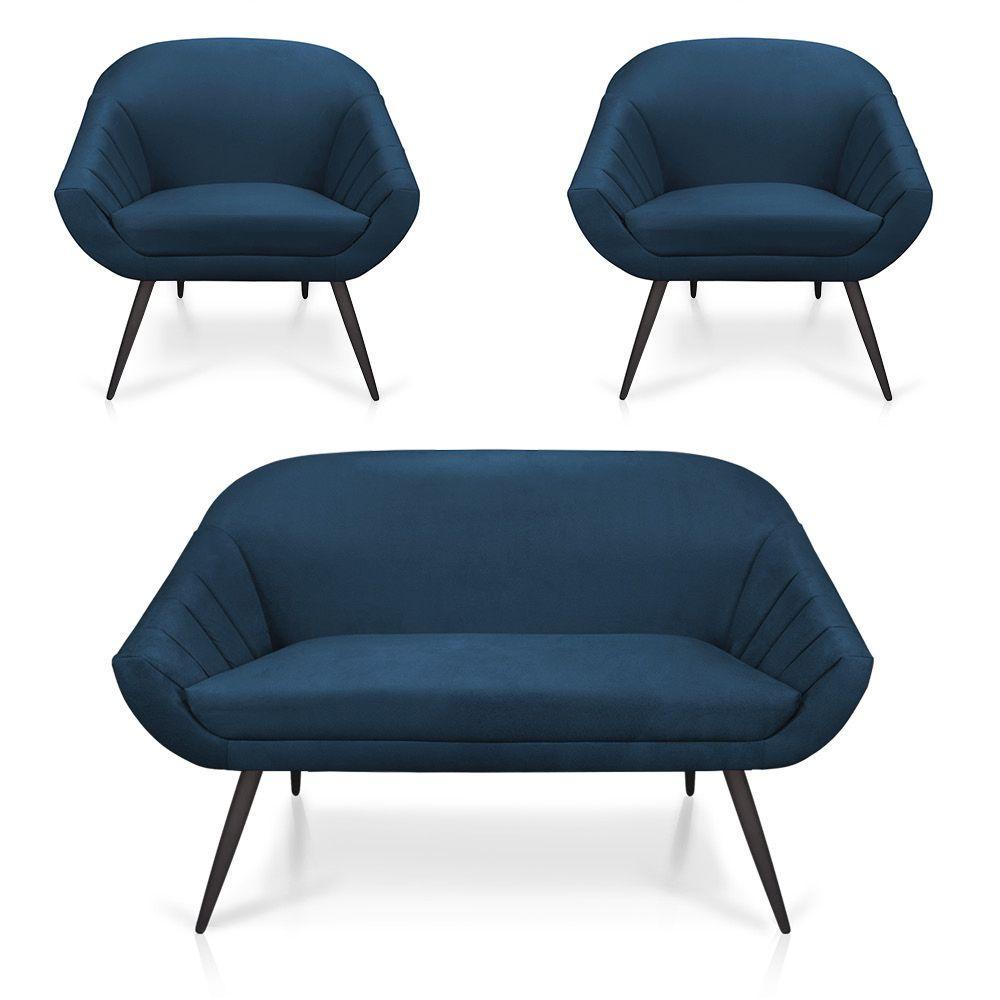 Kit 01 Namoradeira 02 Lugares e 02 Poltronas Giovana Suede Azul Marinho de Ferro - 4