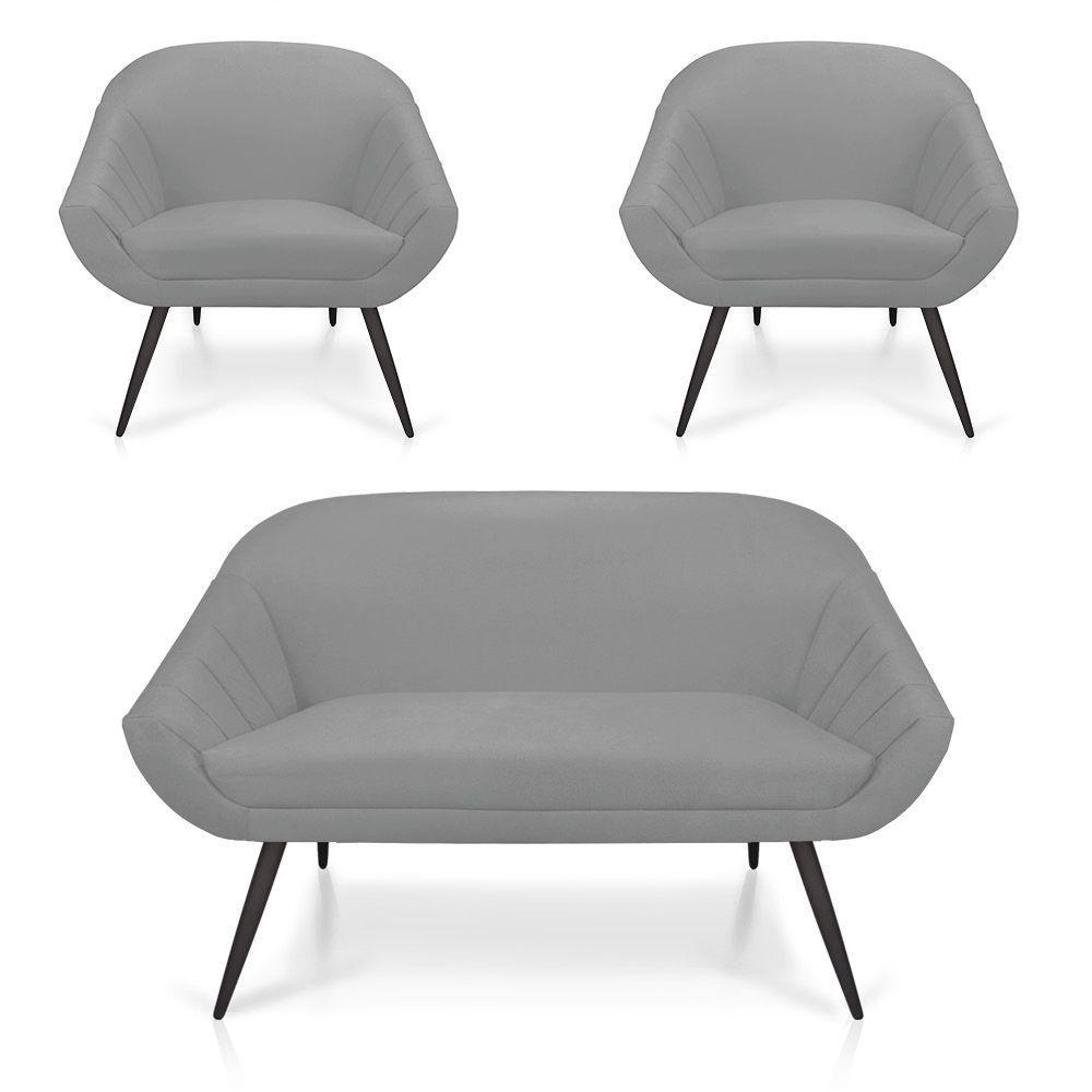 Kit 01 Namoradeira 02 Lugares e 02 Poltronas Giovana Suede Cinza de Ferro - 1