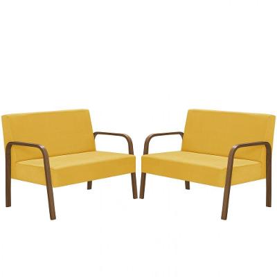 Kit 2 Poltronas 2 Lugares Jade Braço Madeira Amarelo
