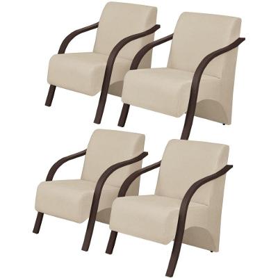 Kit 4 Poltronas 1 Lugar Vênus Pé Madeira Bege