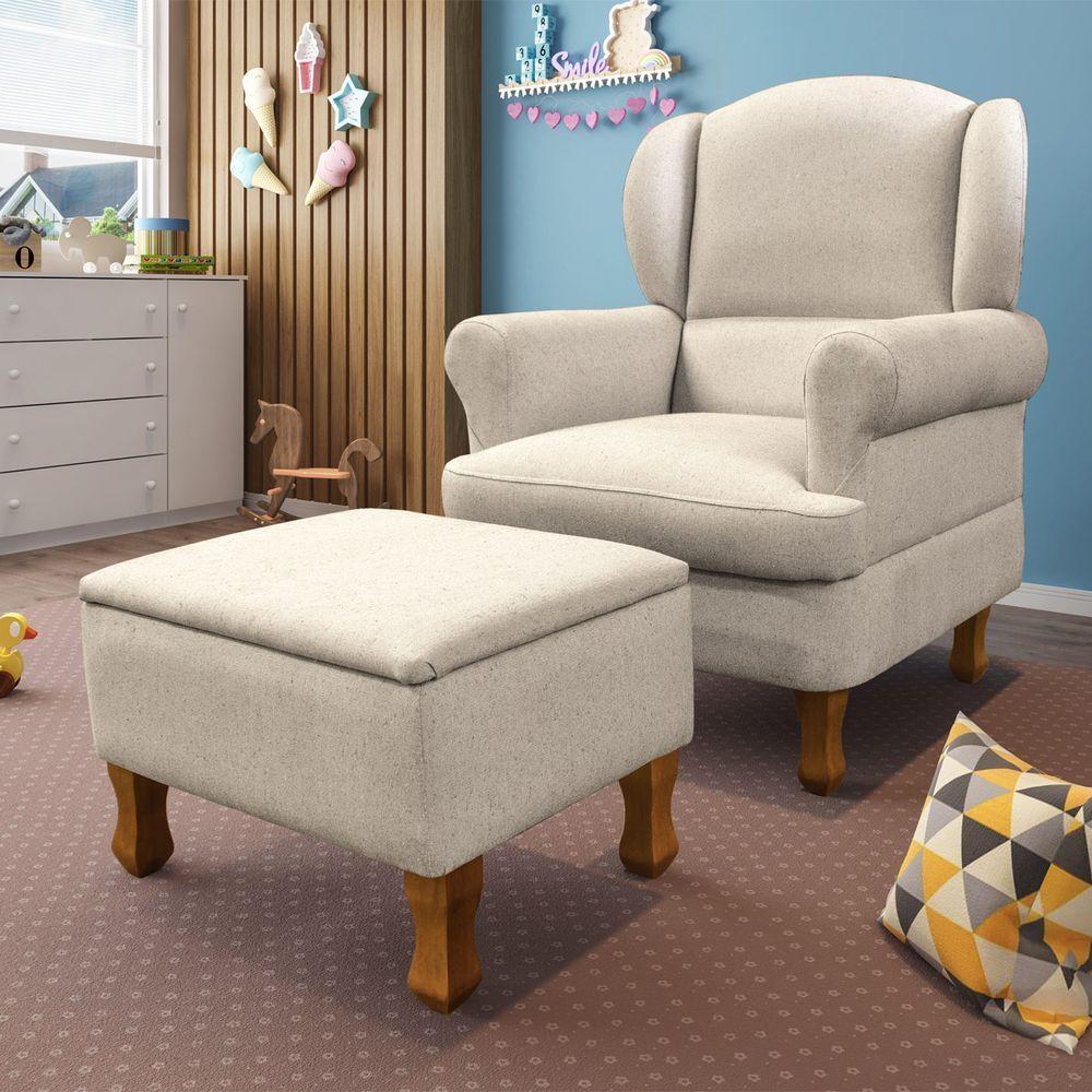 Poltrona De Amamentação Fixa Com Puff Reto Sabrina Cor Linho Bege Phoenix Baby - 2