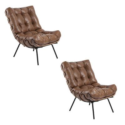 Kit 02 Poltronas Giratória Costela Couro Nozes Base Madeira