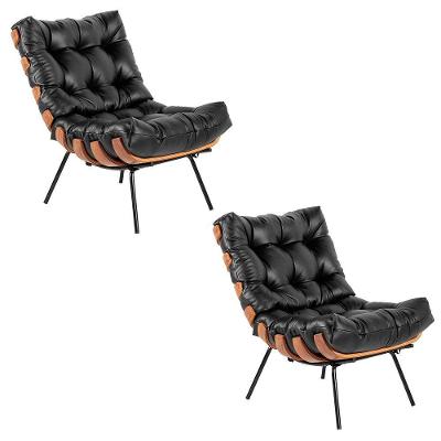 Kit 02 Poltronas Giratória Costela Couro Preto Base Madeira