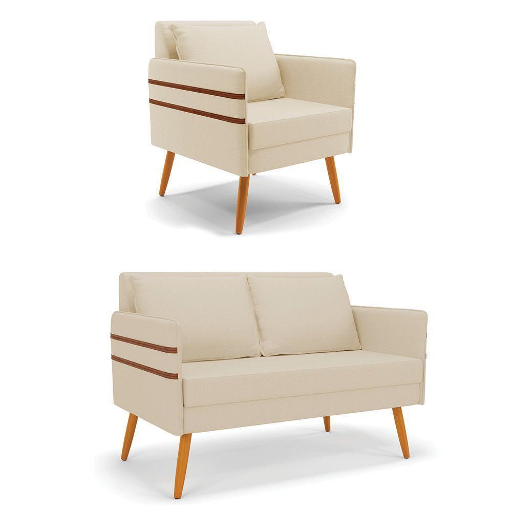 Kit 01 Namoradeira E 01 Poltrona Linho Bege A19 Castanho - 1