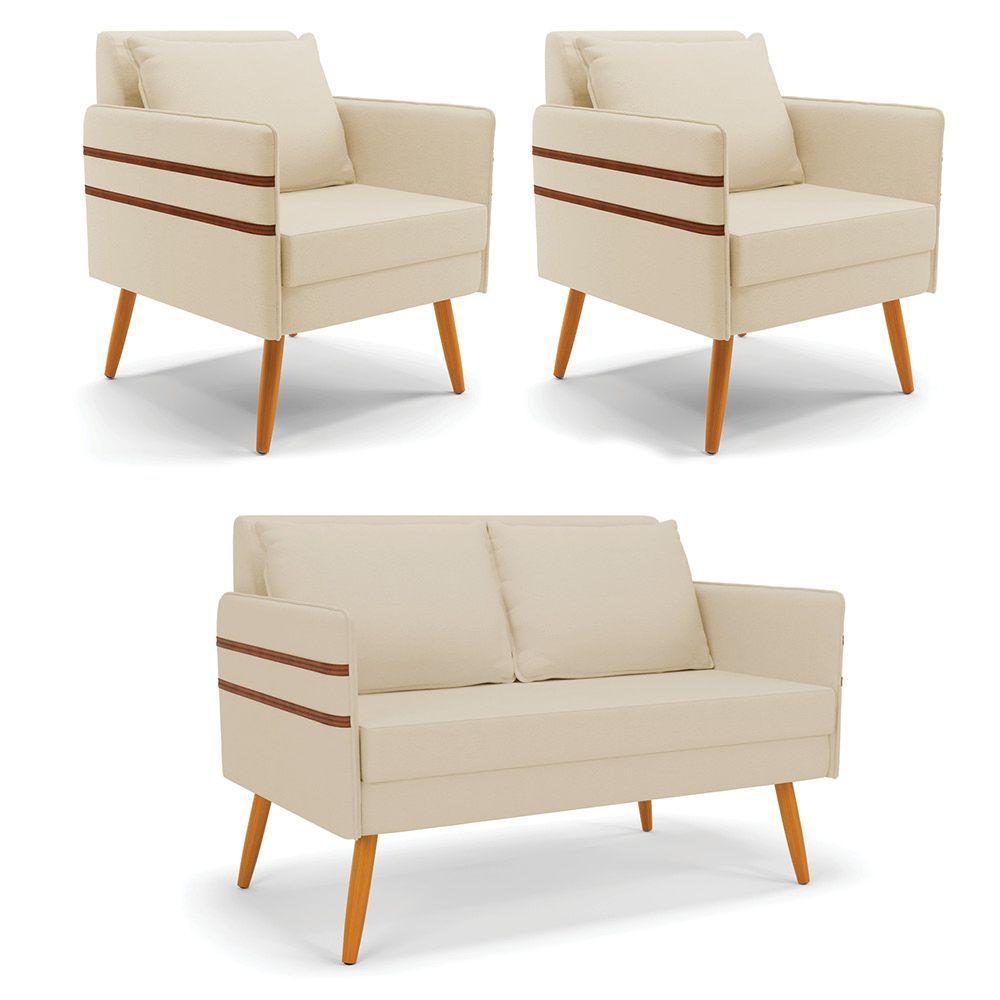 Kit 01 Namoradeira E 02 Poltronas Linho Bege A19 Castanho - 1