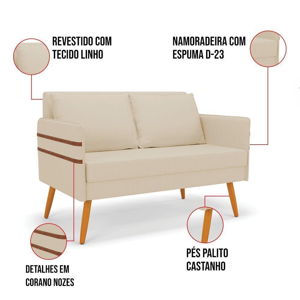 Kit 01 Namoradeira E 02 Poltronas Linho Bege A19 Castanho - 5