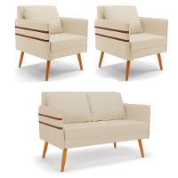 Kit 01 Namoradeira E 02 Poltronas Linho Bege A19 Castanho - 1