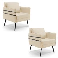 Kit 02 Poltronas Linho Pés Palito De Ferro Preto A19 Bege - 1