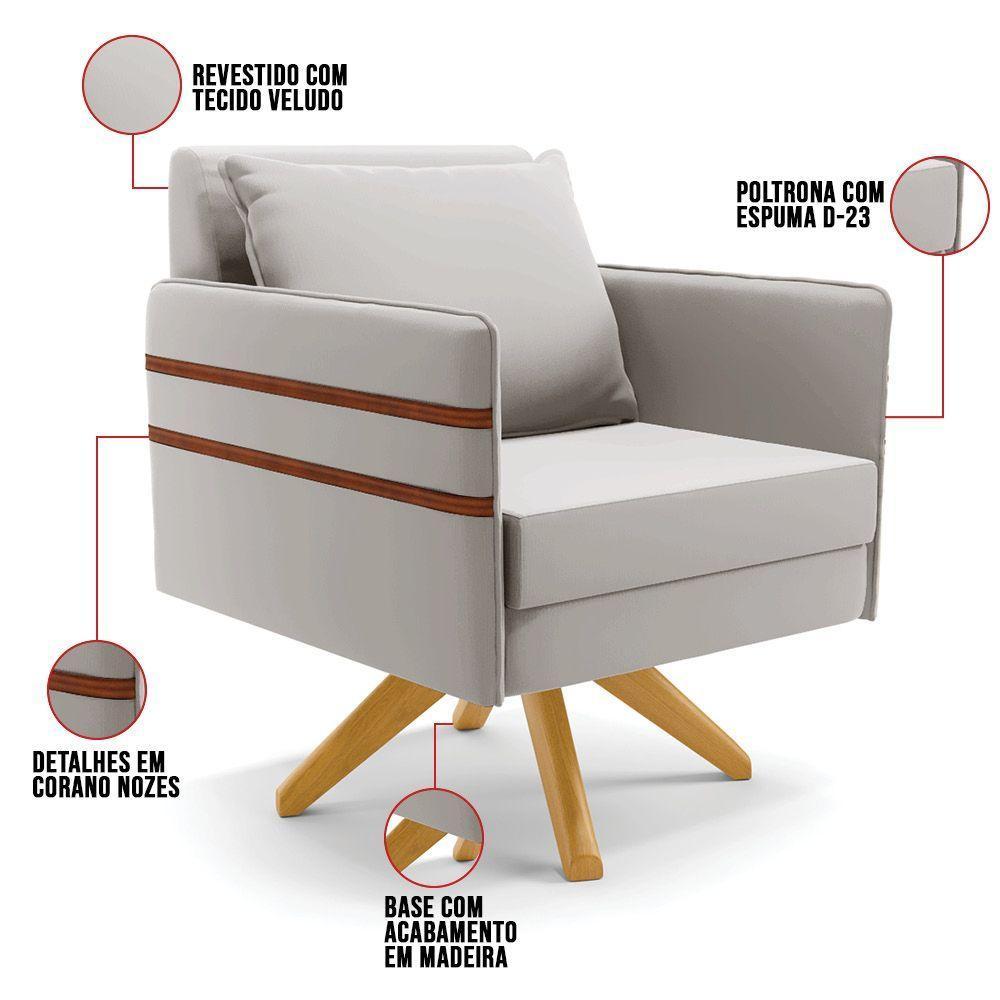 Kit 02 Poltronas Veludo Cinza Base De Madeira Ma30 - 4