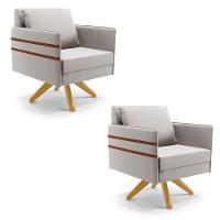 Kit 02 Poltronas Veludo Cinza Base De Madeira Ma30 - 1