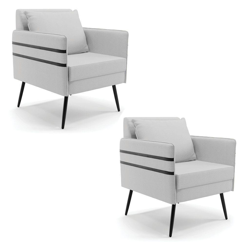 Kit 02 Poltronas Linho Cinza A05 Pés Palito De Ferro Preto - 2