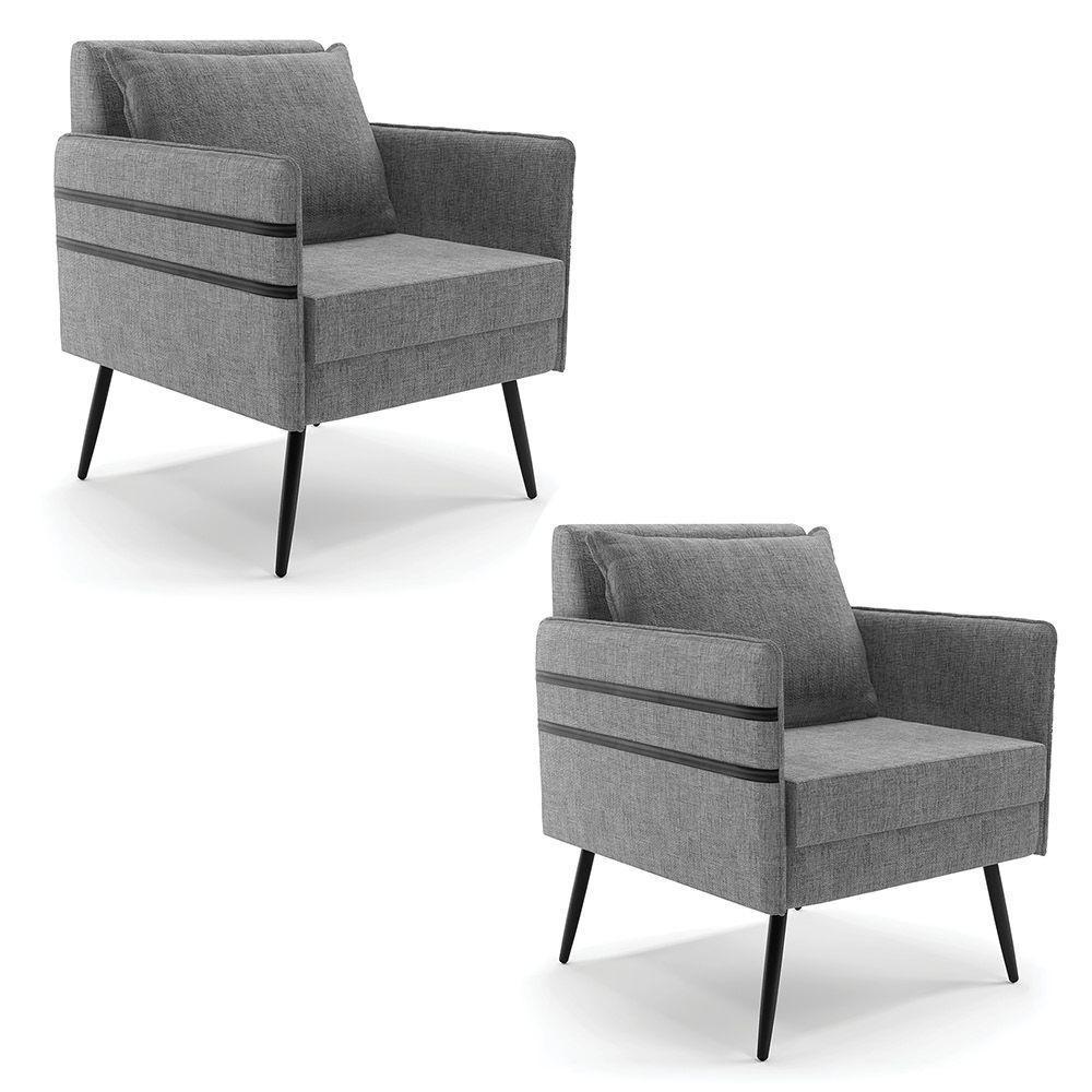 Kit 02 Poltronas Linho Pés Palito De Ferro Preto A26 Grafite - 1