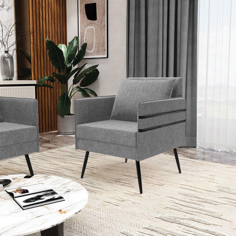 Kit 02 Poltronas Linho Pés Palito De Ferro Preto A26 Grafite - 9