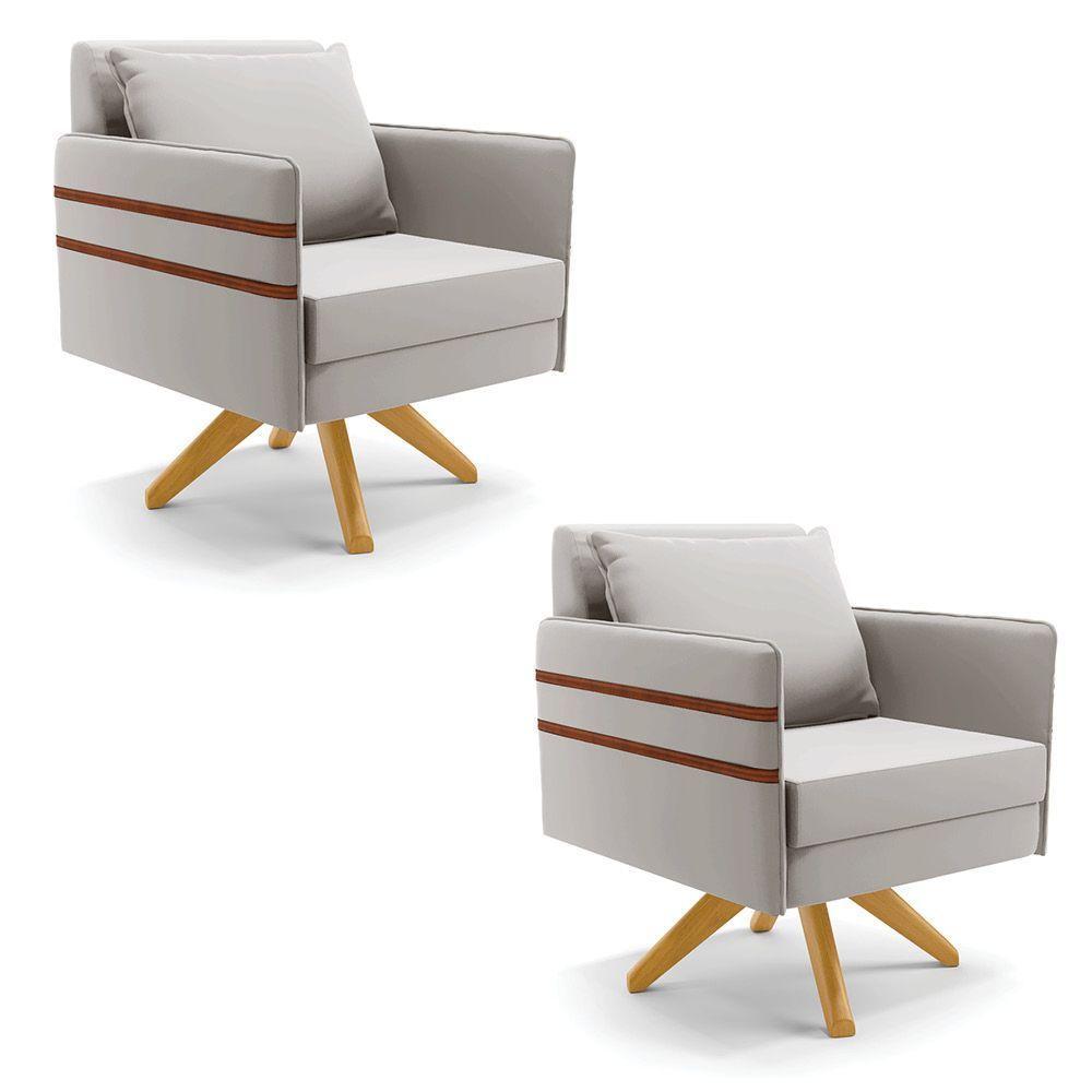 Kit 02 Poltronas Veludo Base De Madeira Ma30 Cinza - 1