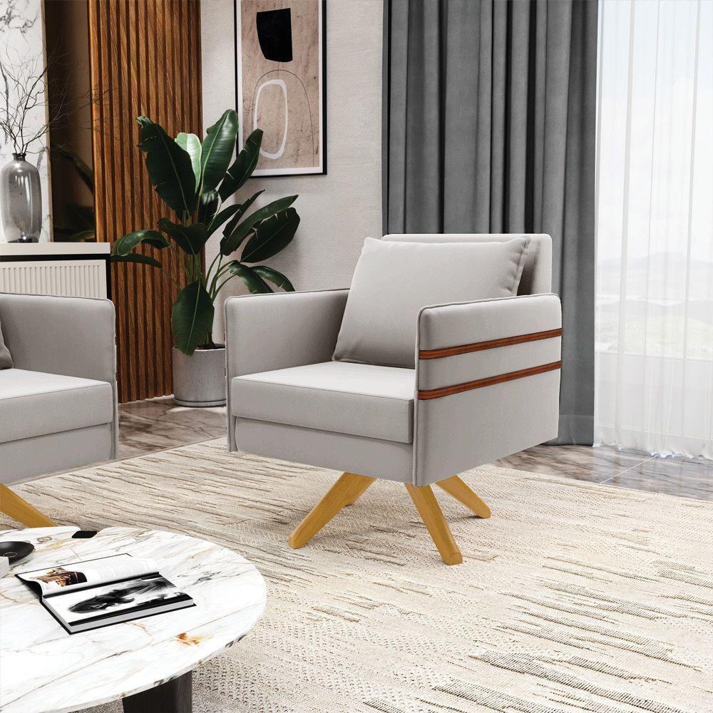 Kit 02 Poltronas Veludo Base De Madeira Ma30 Cinza - 8