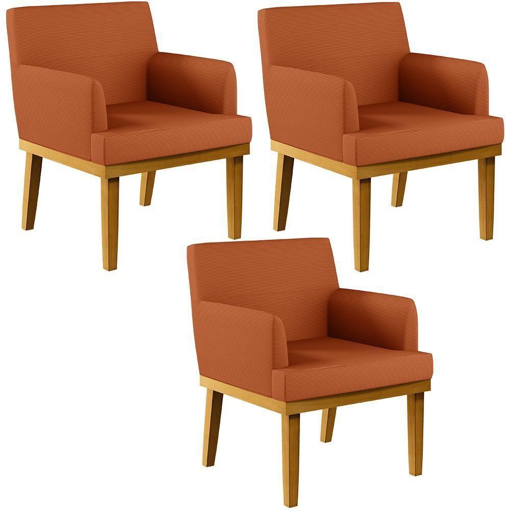 Kit 03 Poltronas Decorativas Sala De Estar Beatriz Base Mel W01 Tecido Terracota - 1