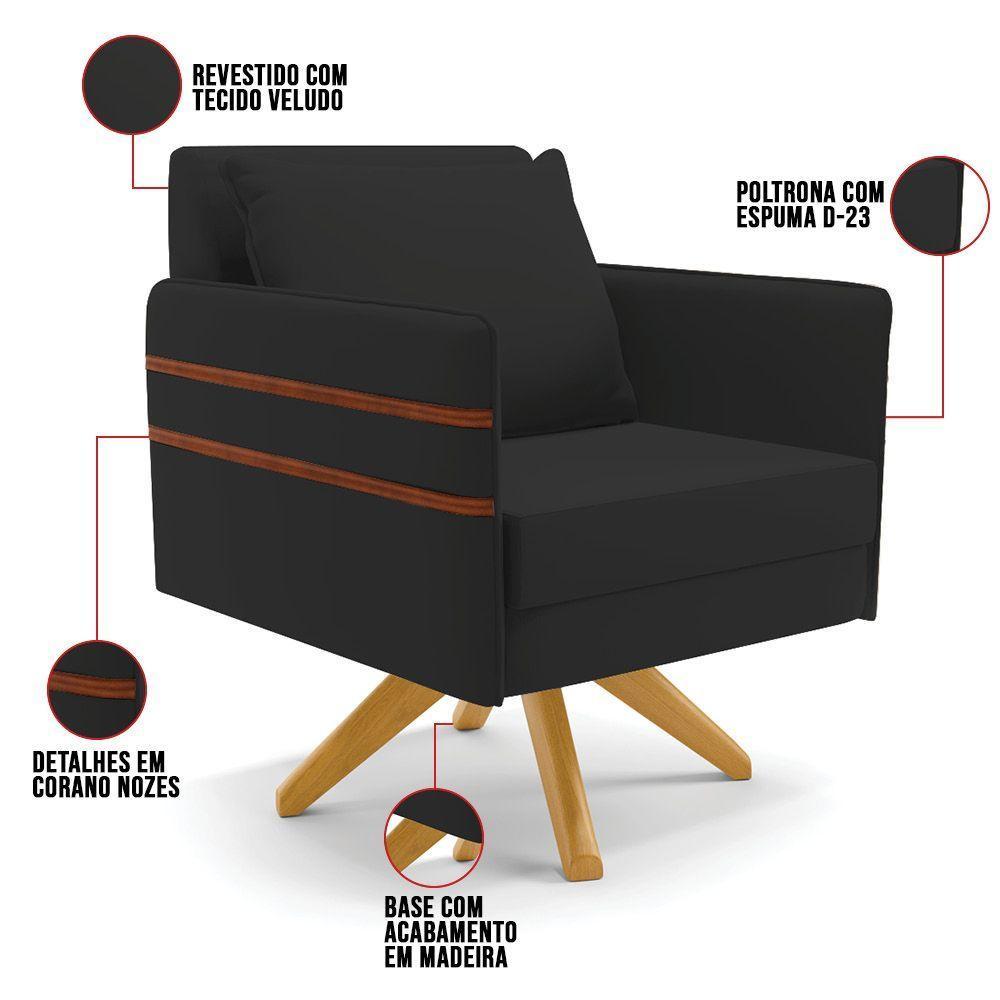 Kit 02 Poltronas Veludo Base De Madeira Ma30 Preto - 4