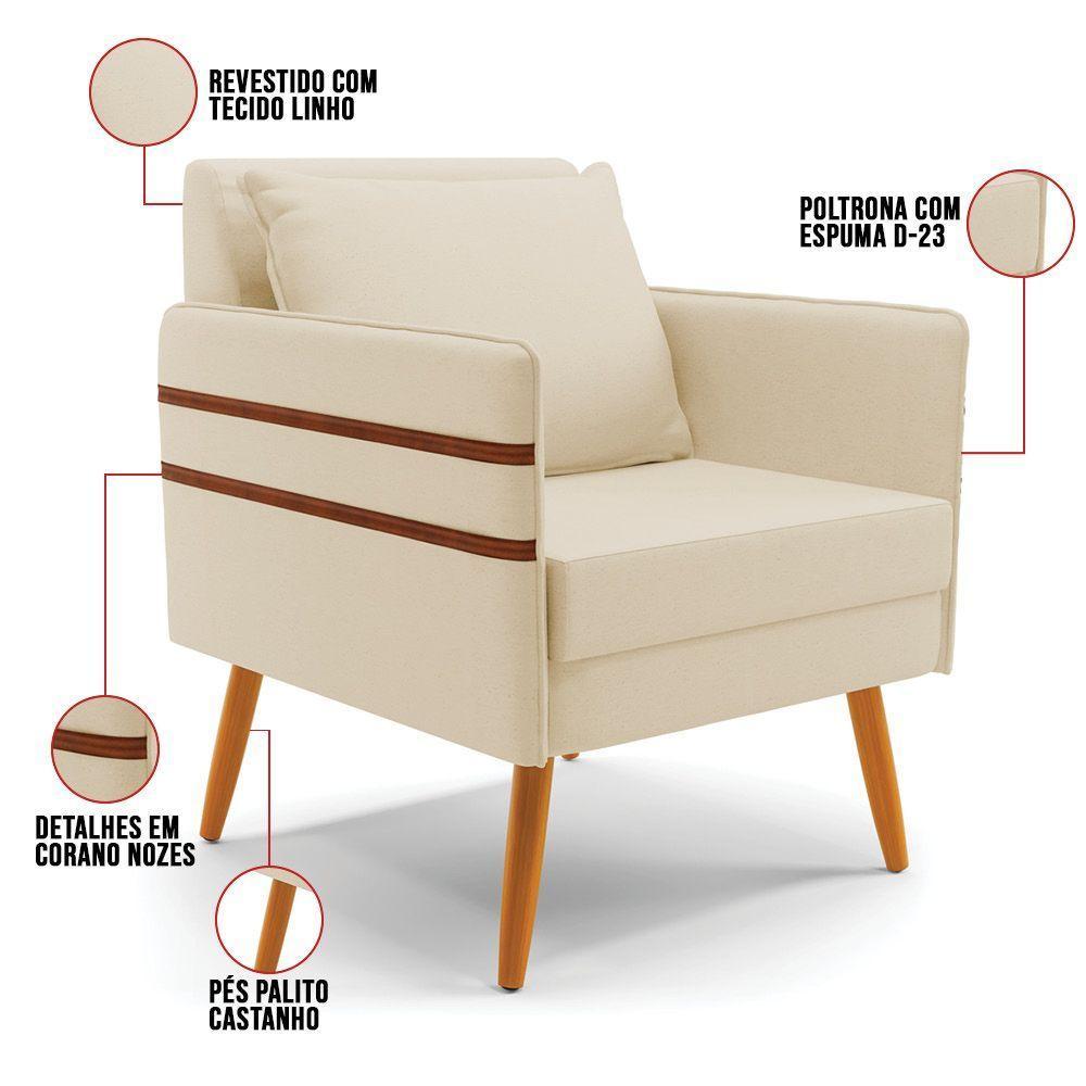 Poltrona Mari Linho Bege A19 Pés Palito Castanho - D'rossi - 4