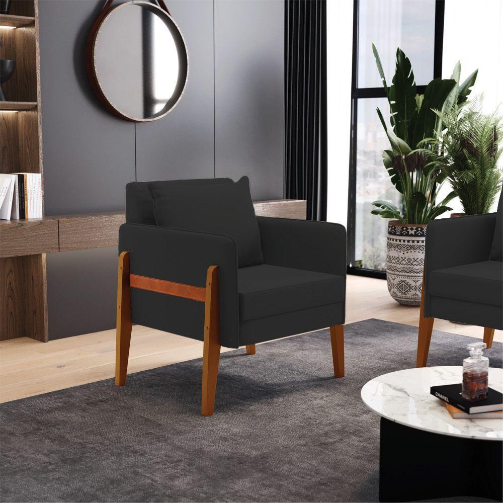 Poltrona Lana Veludo Base De Madeira - D'rossi Cor Preto - 8