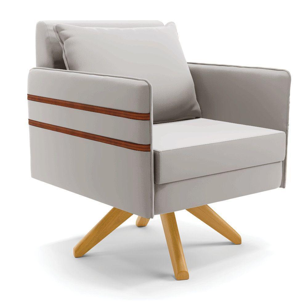 Poltrona Giratória Mari Veludo Cinza Base De Madeira Ma30 - 1