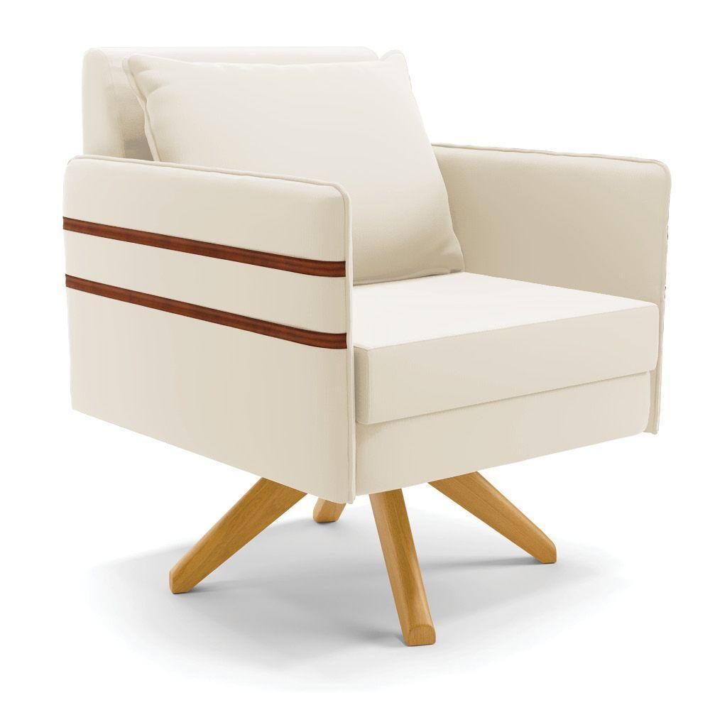 Poltrona Giratória Mari Veludo Bege Base De Madeira Ma30 - 1