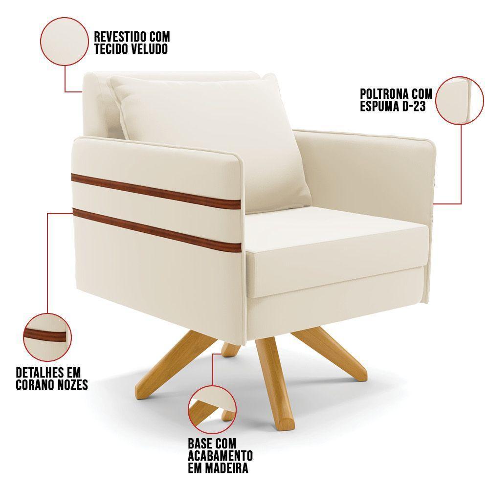 Poltrona Giratória Mari Veludo Bege Base De Madeira Ma30 - 8