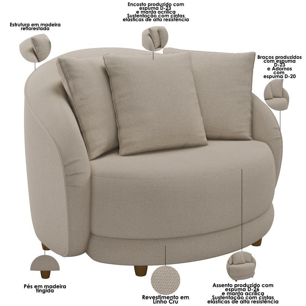 Poltrona Decorativa Para Sala De Estar Fixa Pés Madeira Witta M03 Linho Cru - 3