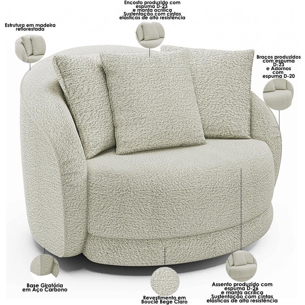 Poltrona Decorativa Para Sala De Estar Base Giratória Witta M03 Bouclê Bege Claro - 7