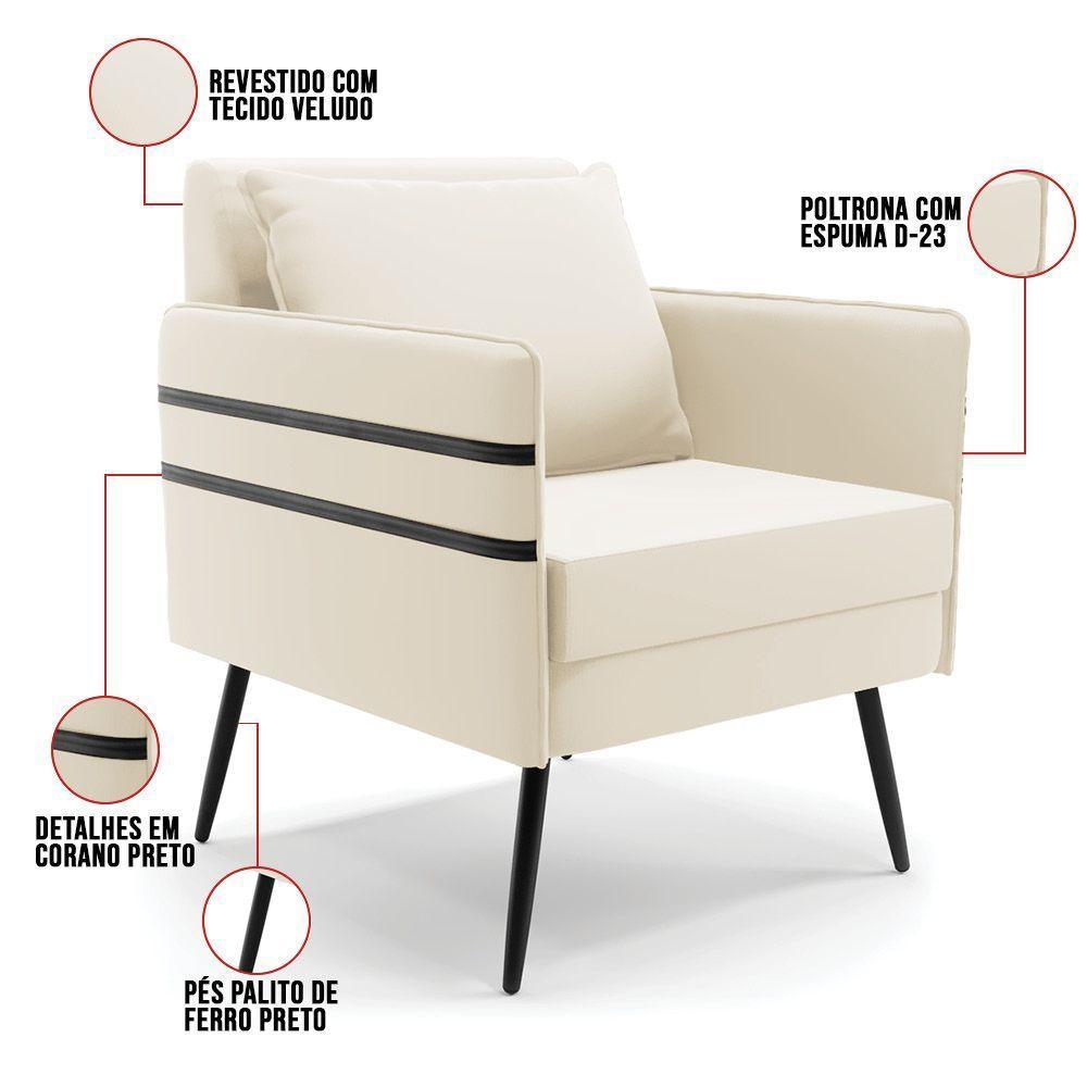 Poltrona Mari Veludo Pés Palito De Ferro Preto Bege - 6