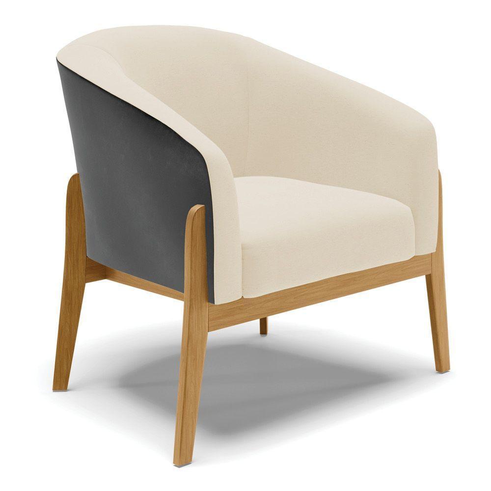 Poltrona Preto Com Linho Bege A19 Base Madeira Castanho - 1