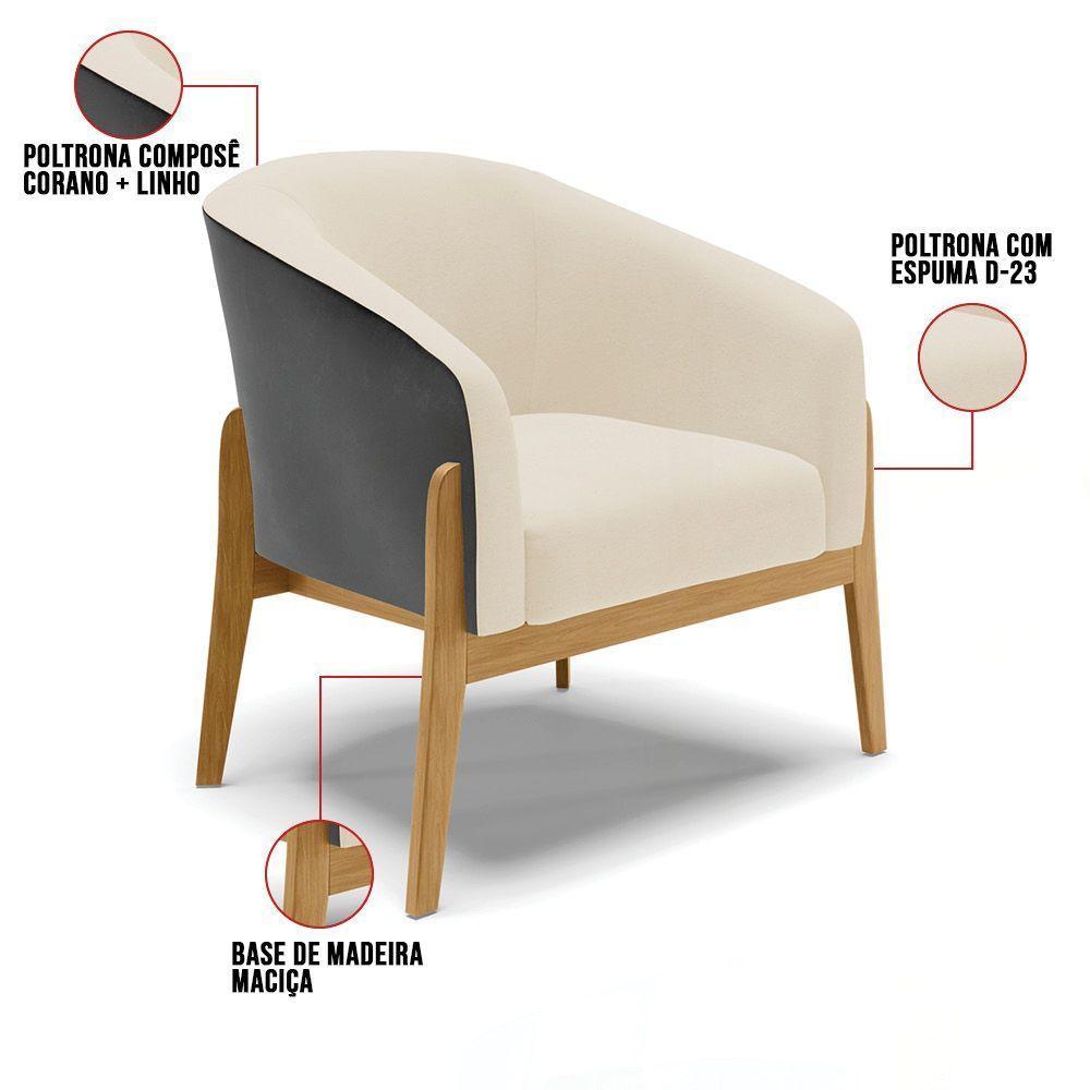 Poltrona Preto Com Linho Bege A19 Base Madeira Castanho - 3