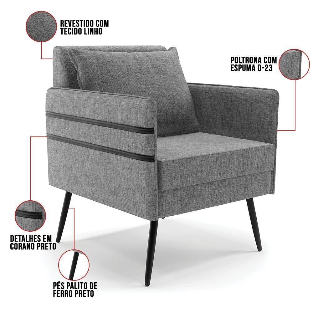 Kit 02 Poltronas Linho Grafite A26 Pés Palito De Ferro Preto - 5