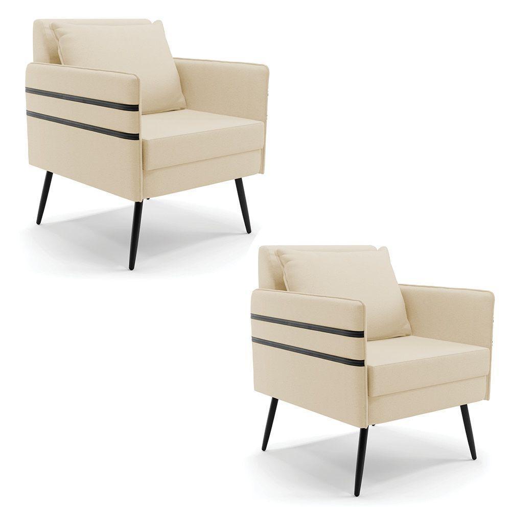 Kit 02 Poltronas Linho Bege A19 Pés Palito De Ferro Preto - 1