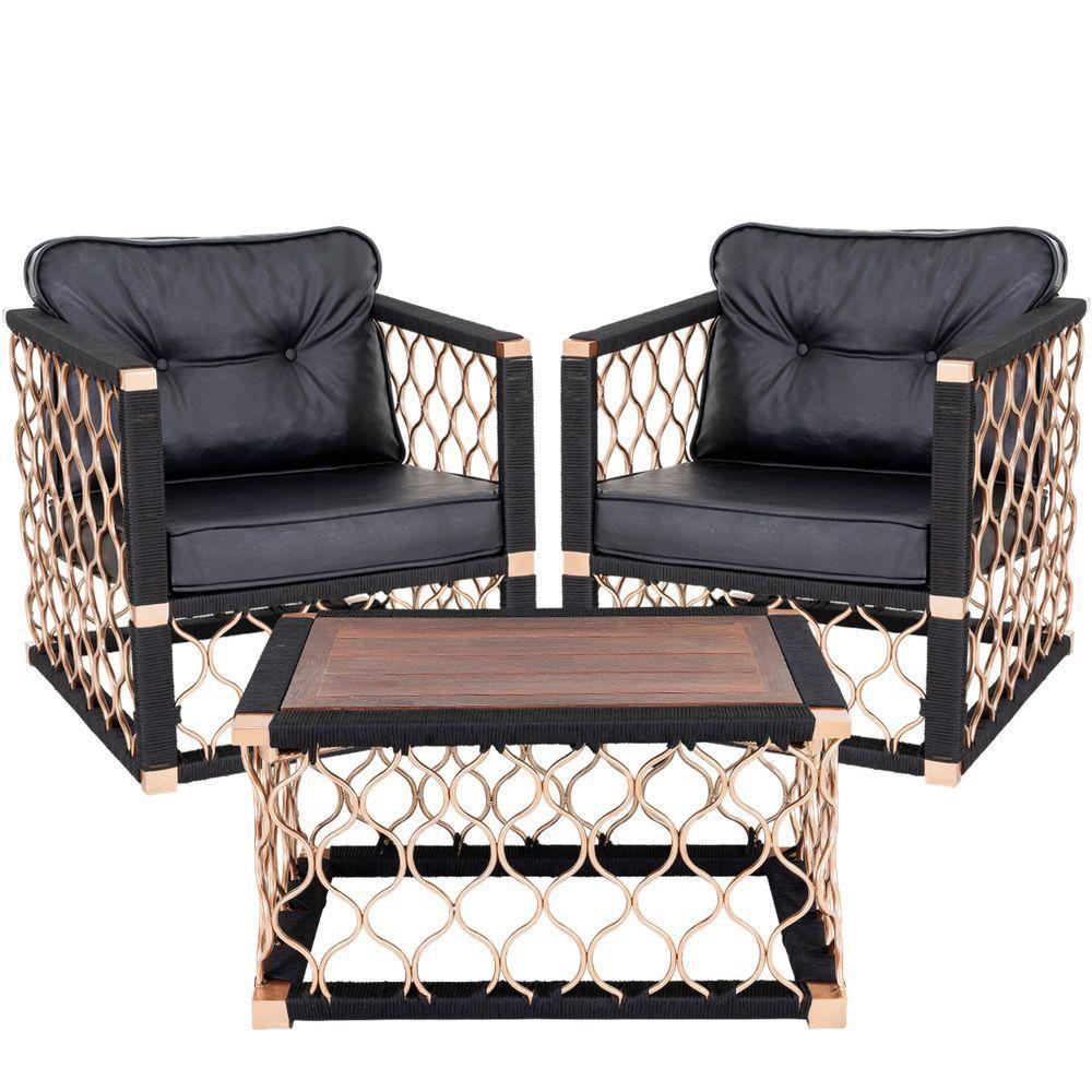 2 Poltronas Com Mesa De Centro Madeira Corda Náutica Preta - 1