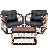 2 Poltronas Com Mesa De Centro Madeira Corda Náutica Preta - 1