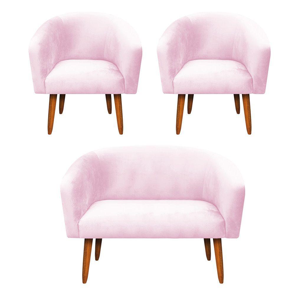 Kit 01 Namoradeira 02 Poltronas Suede Rosa Bebê - 8