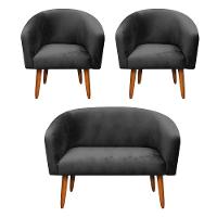 Kit 01 Namoradeira 02 Poltronas Suede Preto