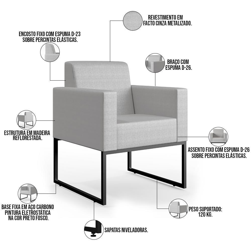 Kit 02 Poltronas Base Fixa De Metal Facto Cinza Metalizado - 6
