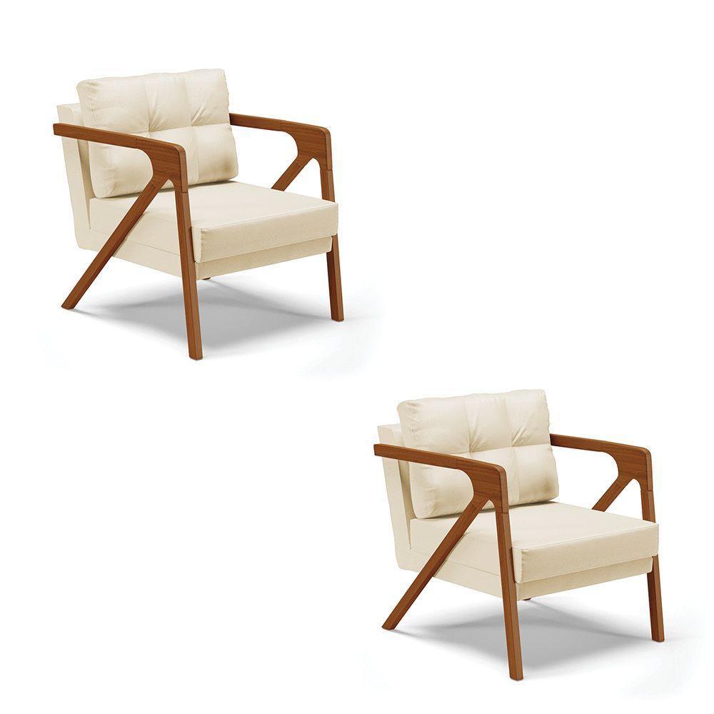 Kit 02 Poltronas Corino Base De Madeira Castanho Bege - 1